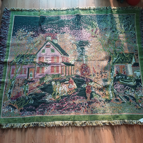 Beautiful Vintage 100% Cotton Throw Blanket Horse Barn and Carriage House Motif - Picture 2 of 11